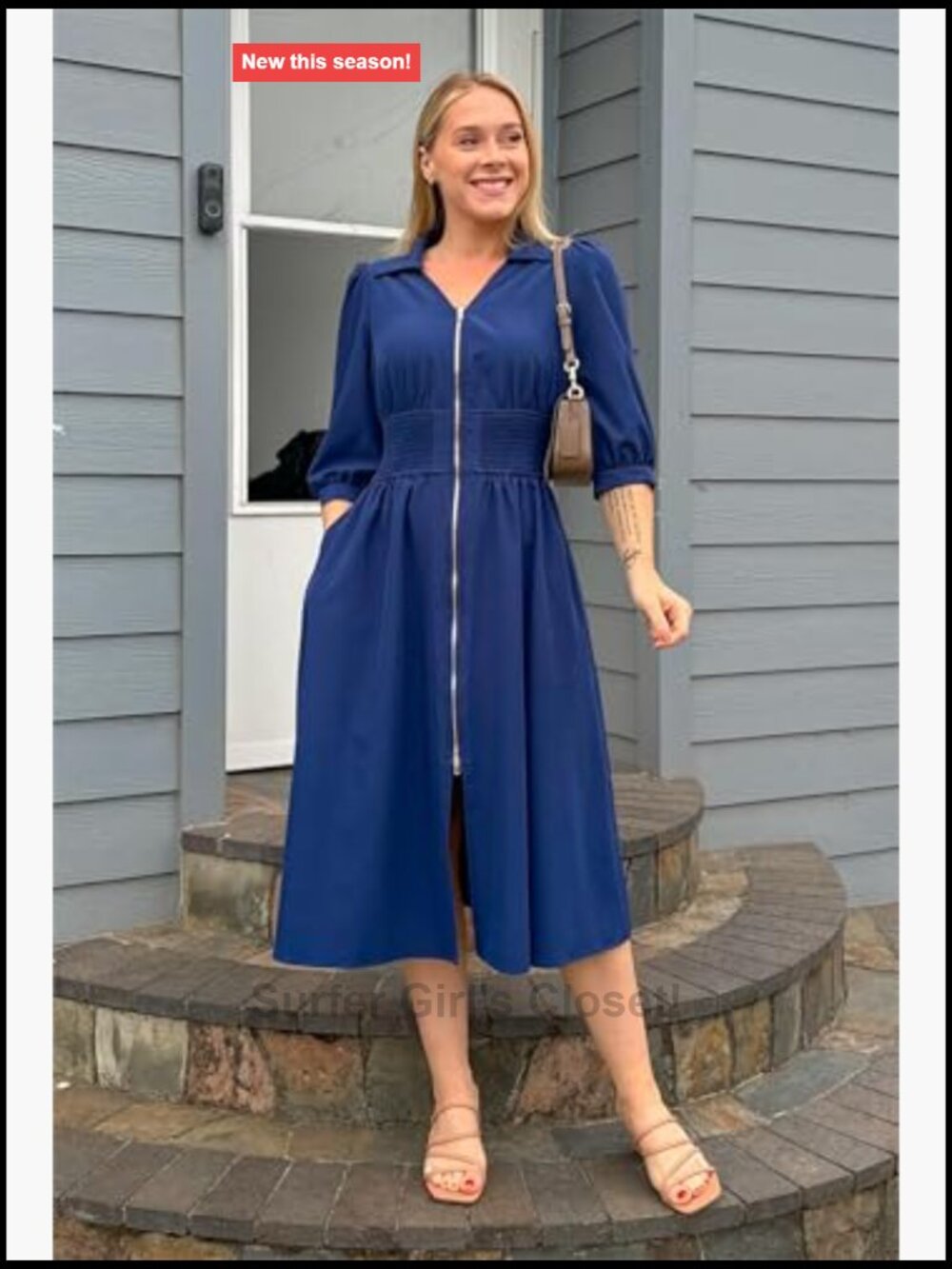Midi Dress A-Line Work Dress 3/4 Sleeve Zipper Smocked Waist Pockets - Picture 2 of 7